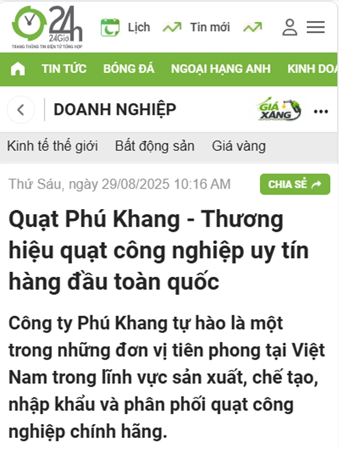 ảnh Báo 24h nói về quạt Phú Khang